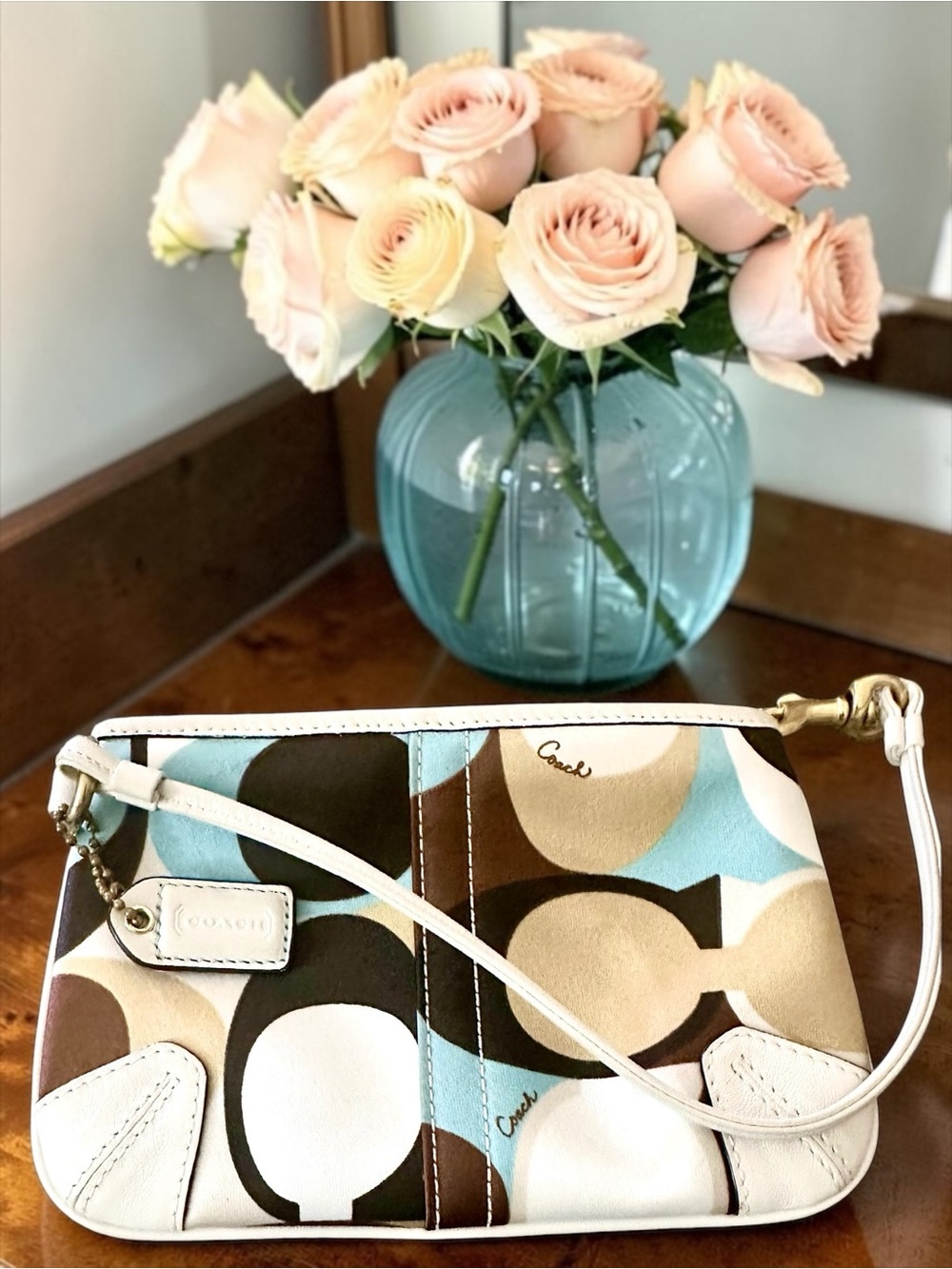 Coach Ergo Poppy Wristlet in Blue, Brown and Cream with Signature C logo Fabric
